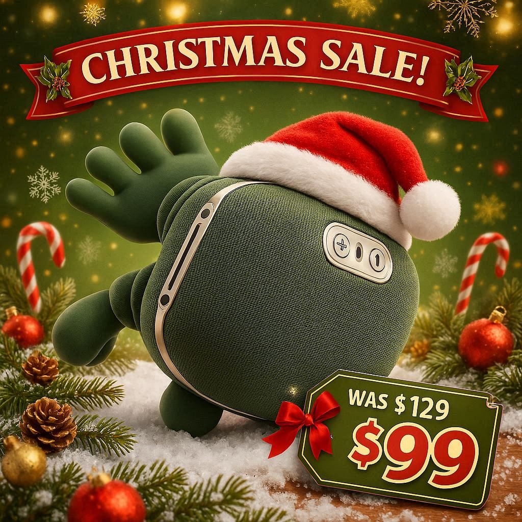 Green ZENSO BOT with a Santa hat on a Christmas-themed background with sale banner and price tag.